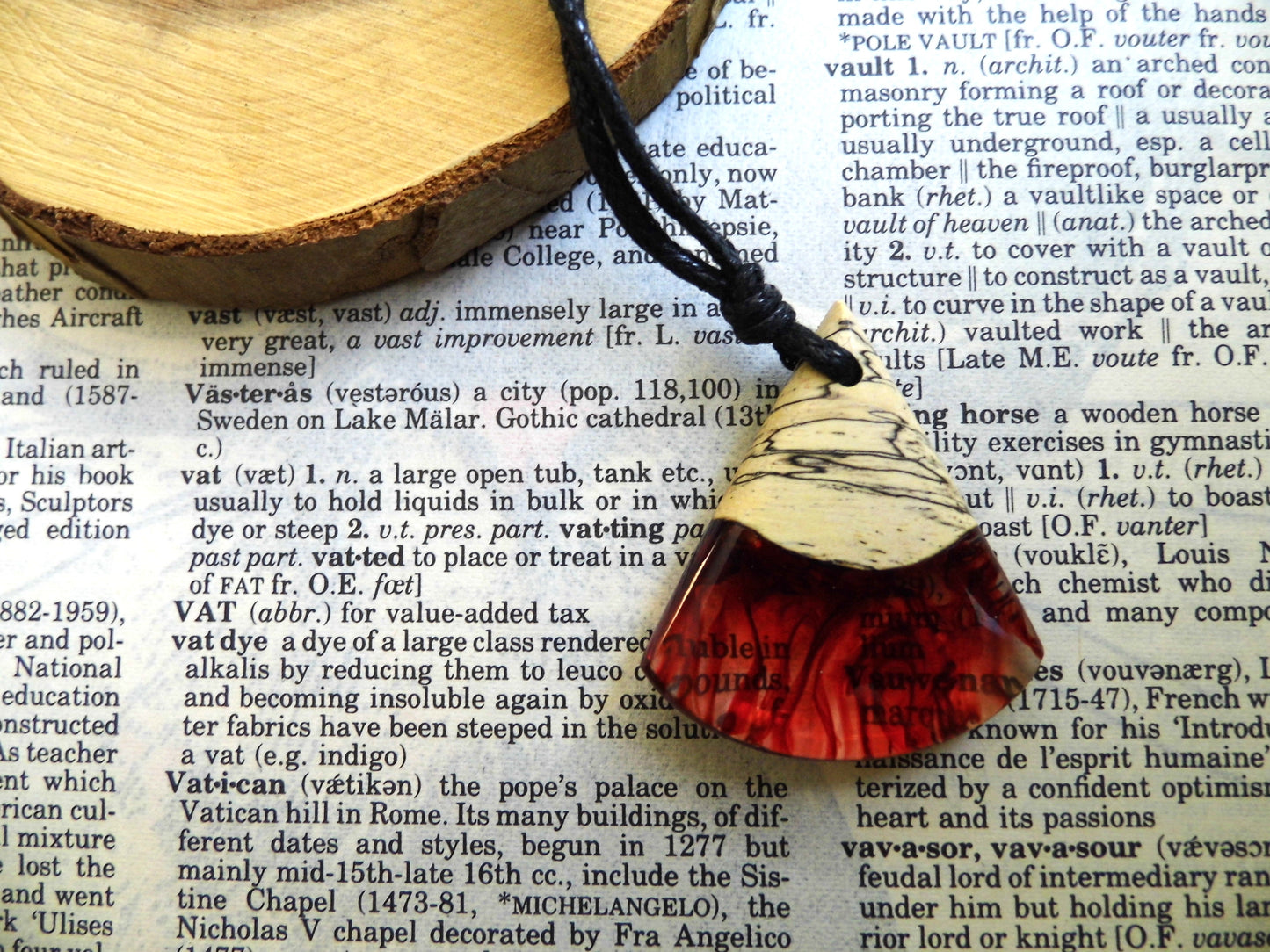 Wooden Pendant Necklace Red Fire Epoxy Resin