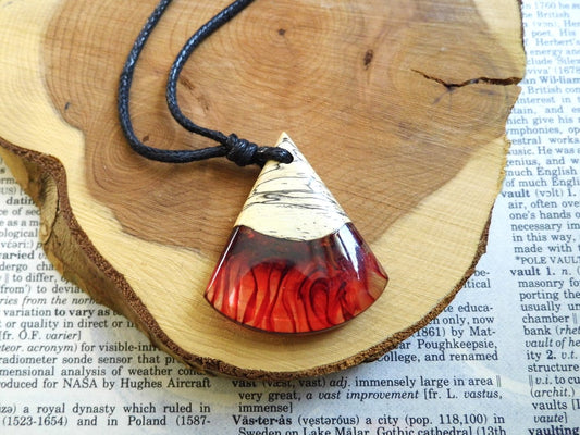 Wooden Pendant Necklace Red Fire Epoxy Resin