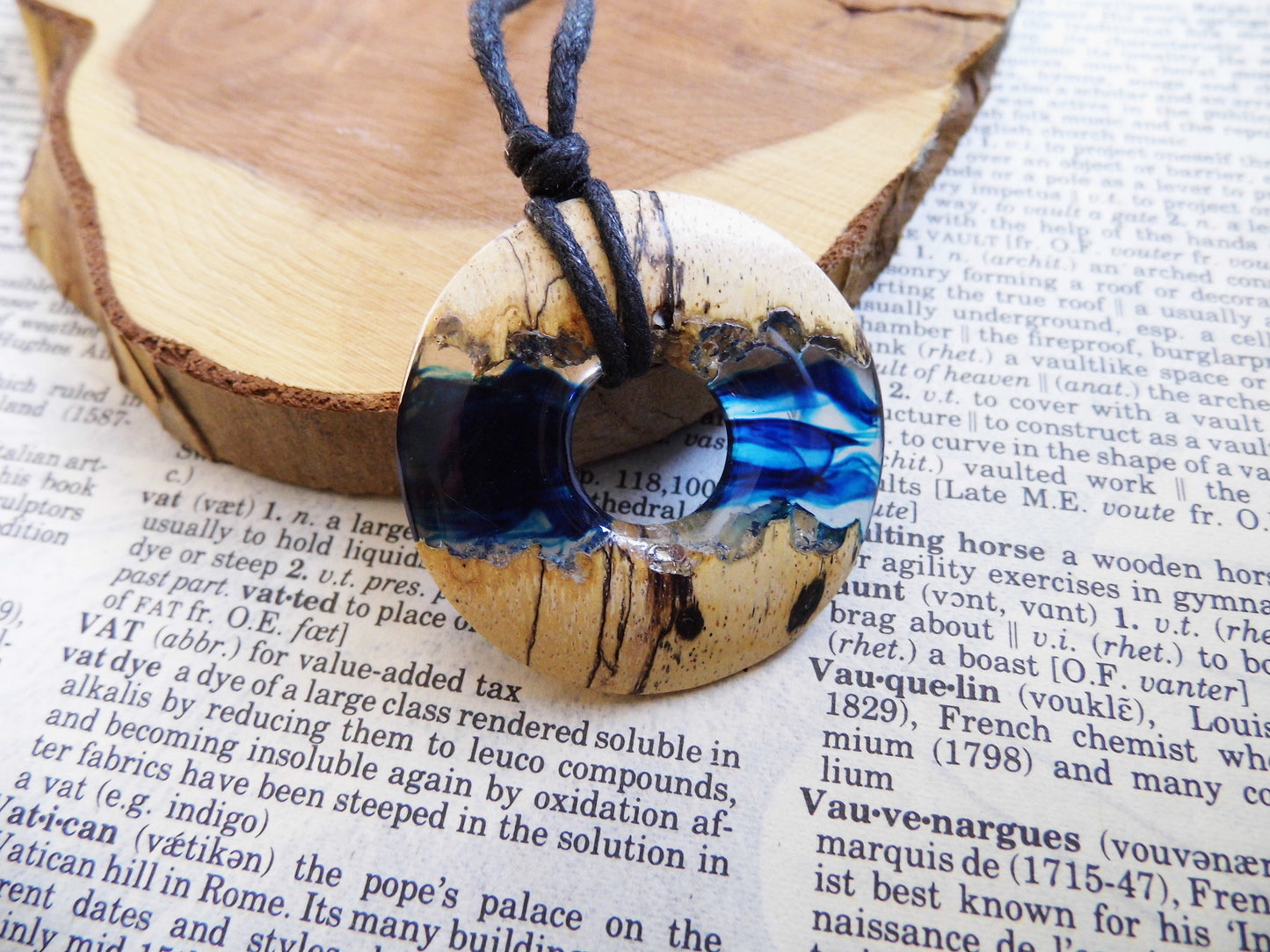 Wooden Pendant Necklace Blue Epoxy Resin Circle