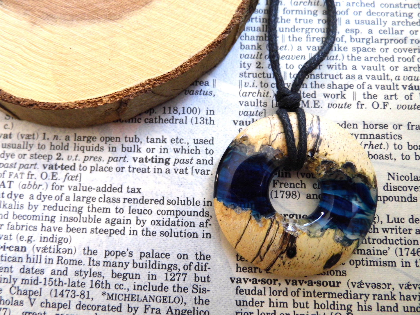 Wooden Pendant Necklace Blue Epoxy Resin Circle
