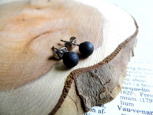 Round Black Wood Stud Earrings
