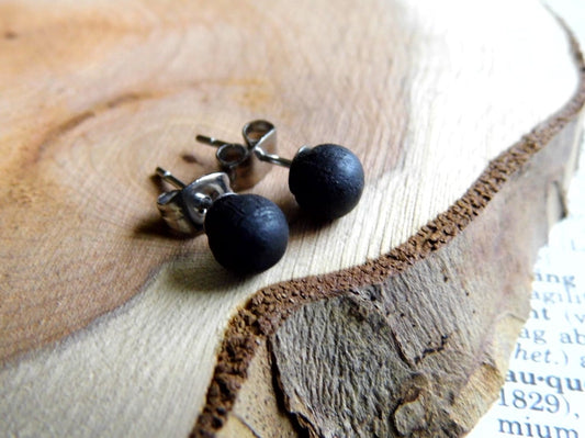 Round Black Wood Stud Earrings