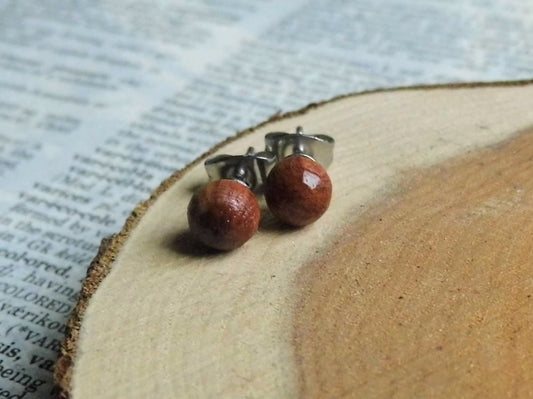 Small Round Red Wood Stud Earrings