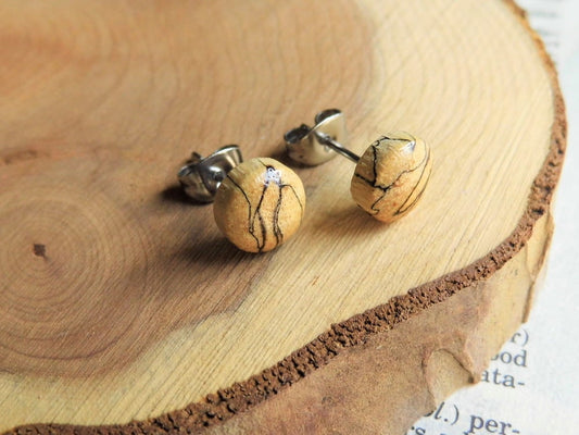 Small White Zebra Wood Stud Earrings